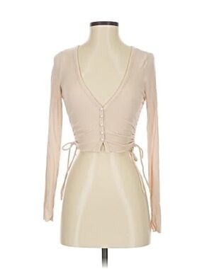 Princess Polly Beige Long Sleeve Ruched Pearl Button Crop Top